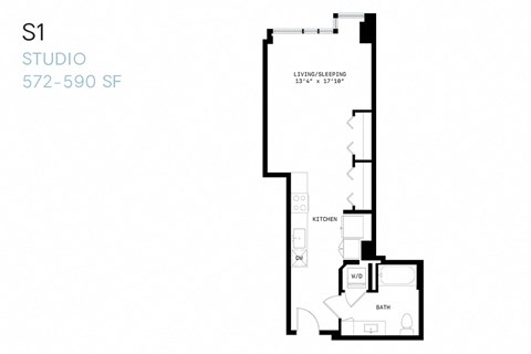 Floor plan for studio, 1 bath, 572 sqft